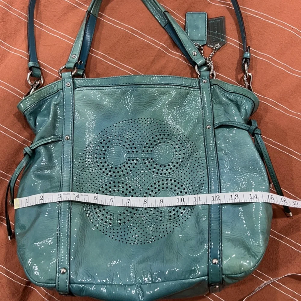 Coach Aubrey Aqua Marine-2 Tone Patent Leather Tote W/Shoulder Strap & Handles - Picture 14 of 16
